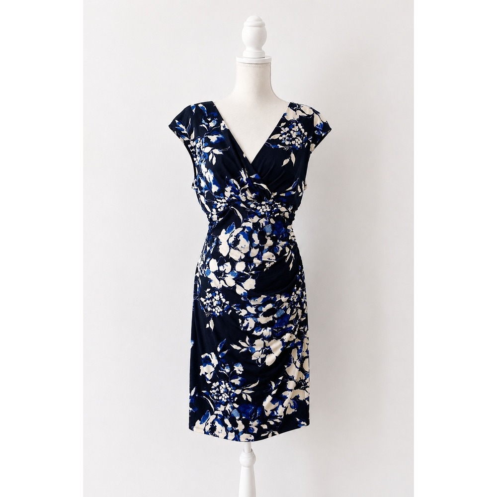 Ralph Lauren Navy White Floral Wrap Dress 12 Cap Sleeve Ruched Stretchy Workwear